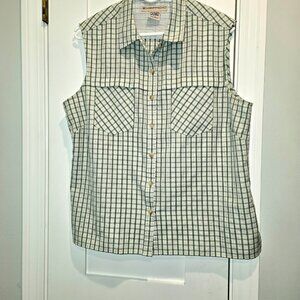 ExOfficio Sleeveless Blouse Size L - green & white plaid w/ shiny silver stripes